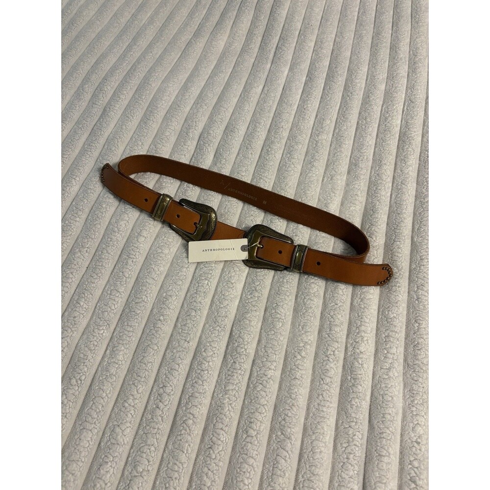 NWT Anthropologie Western Double Buckle Genuine Leather Belt women medium brown